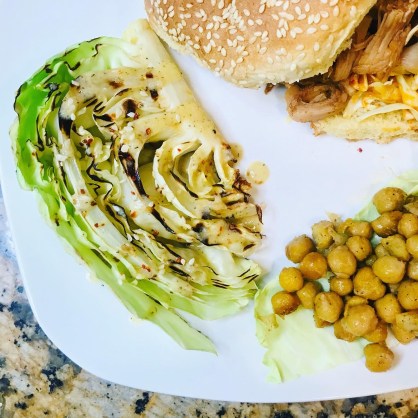 grilled cabbage and bbq pulled jackfruit sandwich